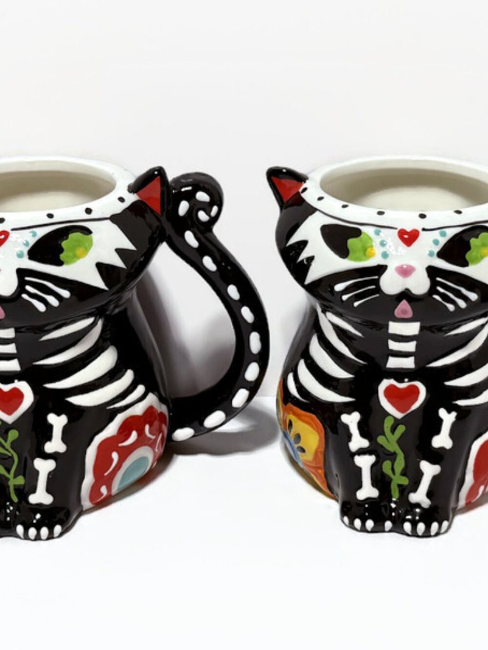 Pair of Day of the Dad Cat Skeleton Mugs, Glossy Black, Sugar Skull, Tail Handle